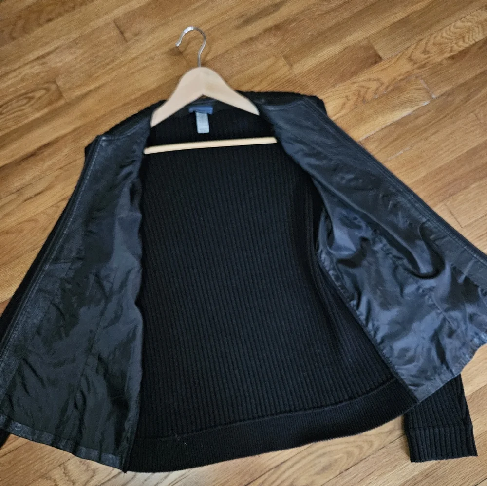 Provence d'Amour Black Leather Knit Jacket L Embossed Floral Zip Front